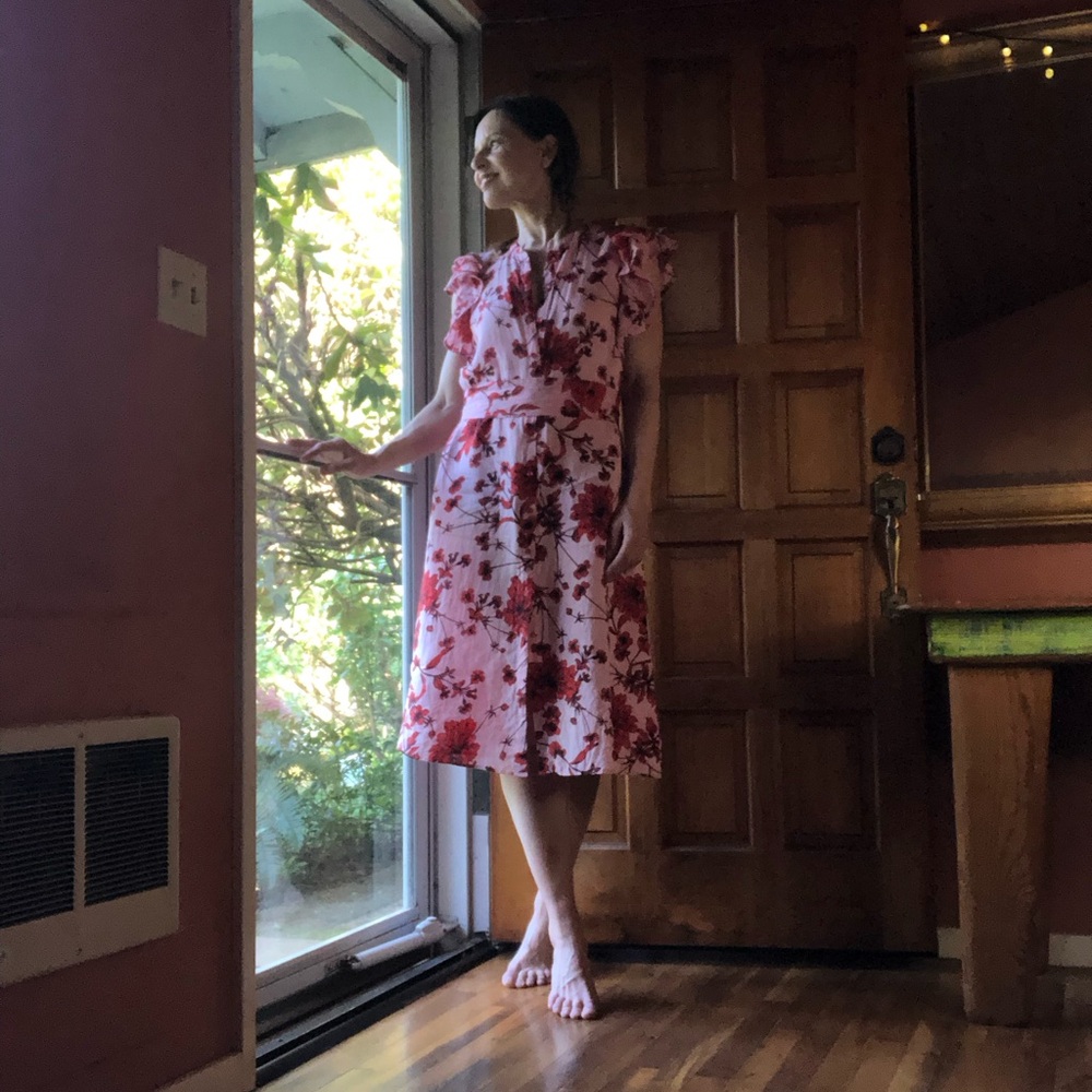 Zara Woman 💯 Linen Floral Pink Midi Dress with Ruffled Shoulders Sz M